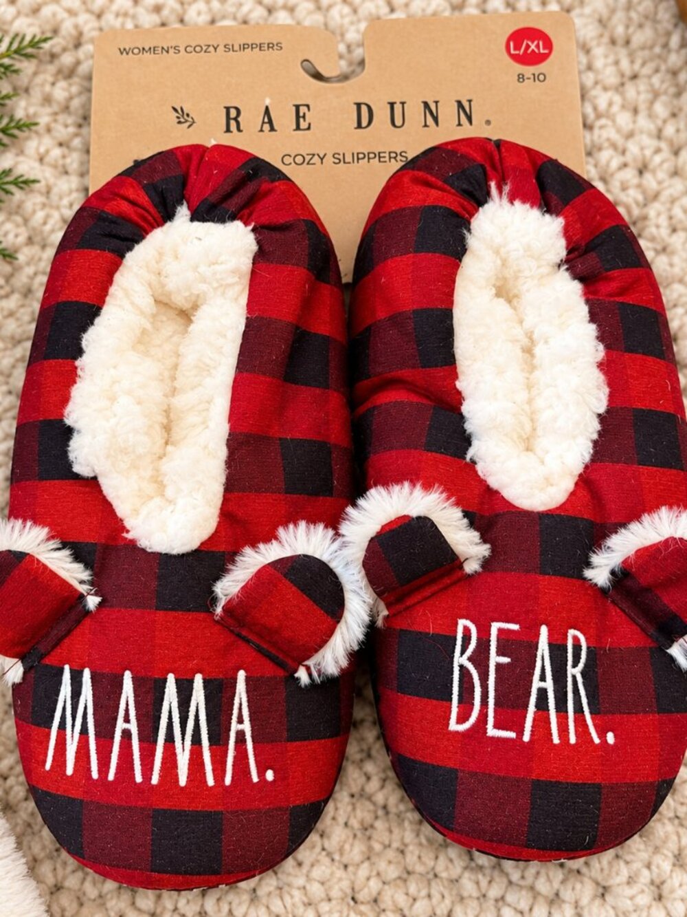Rae Dunn Mama Bear & Bear Buffalo Plaid Slippers – Size L/XL (8–10)**